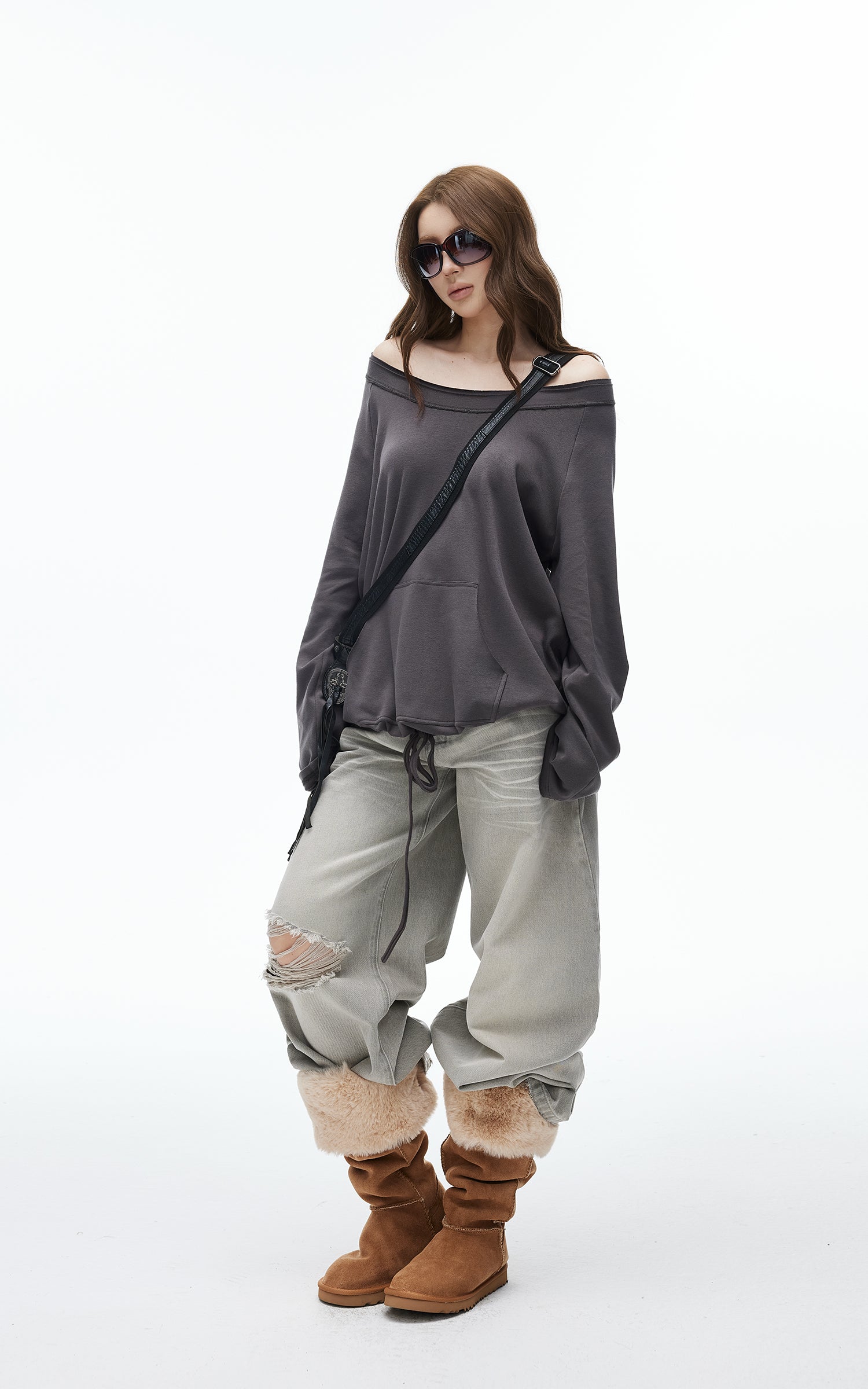 IAMXIAA Sweat-shirt oversize à épaules dénudées et cordon de serrage