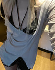 Rase le sol Sheer Ribbed Deep-V Long Sleeve Top