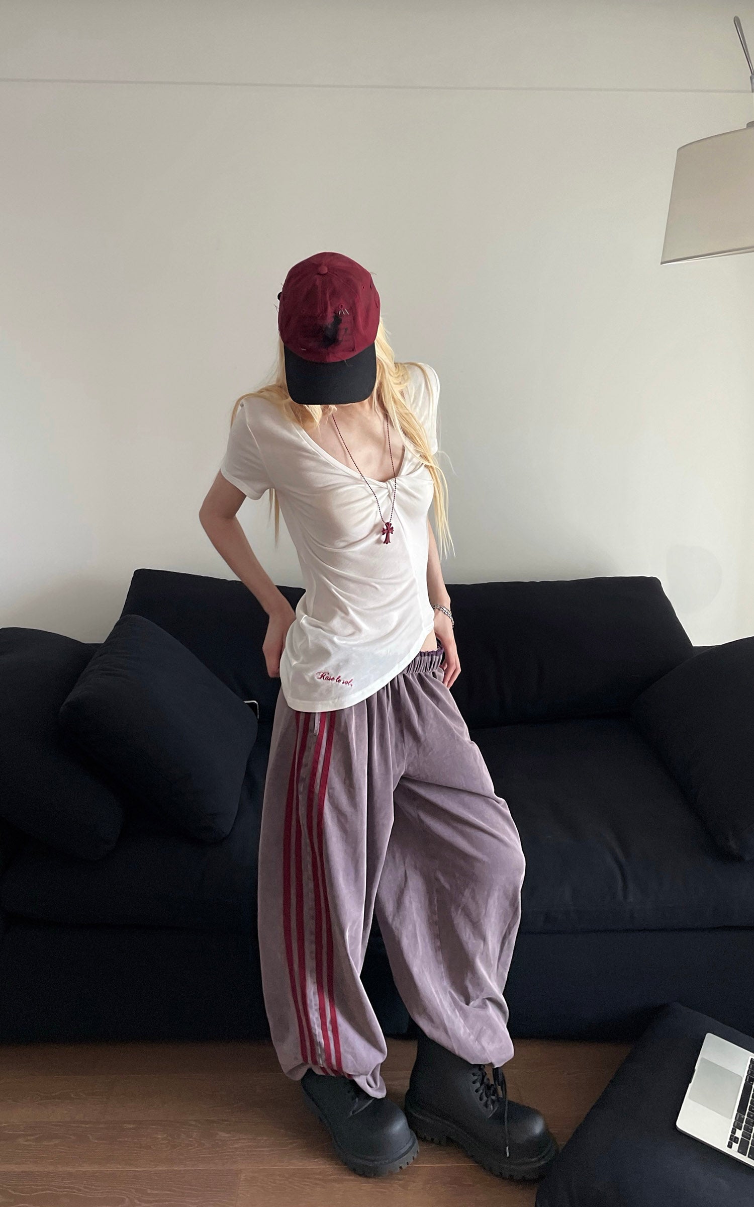 Rase le sol Washed Velvet-Feel Wide-Leg Track Pants
