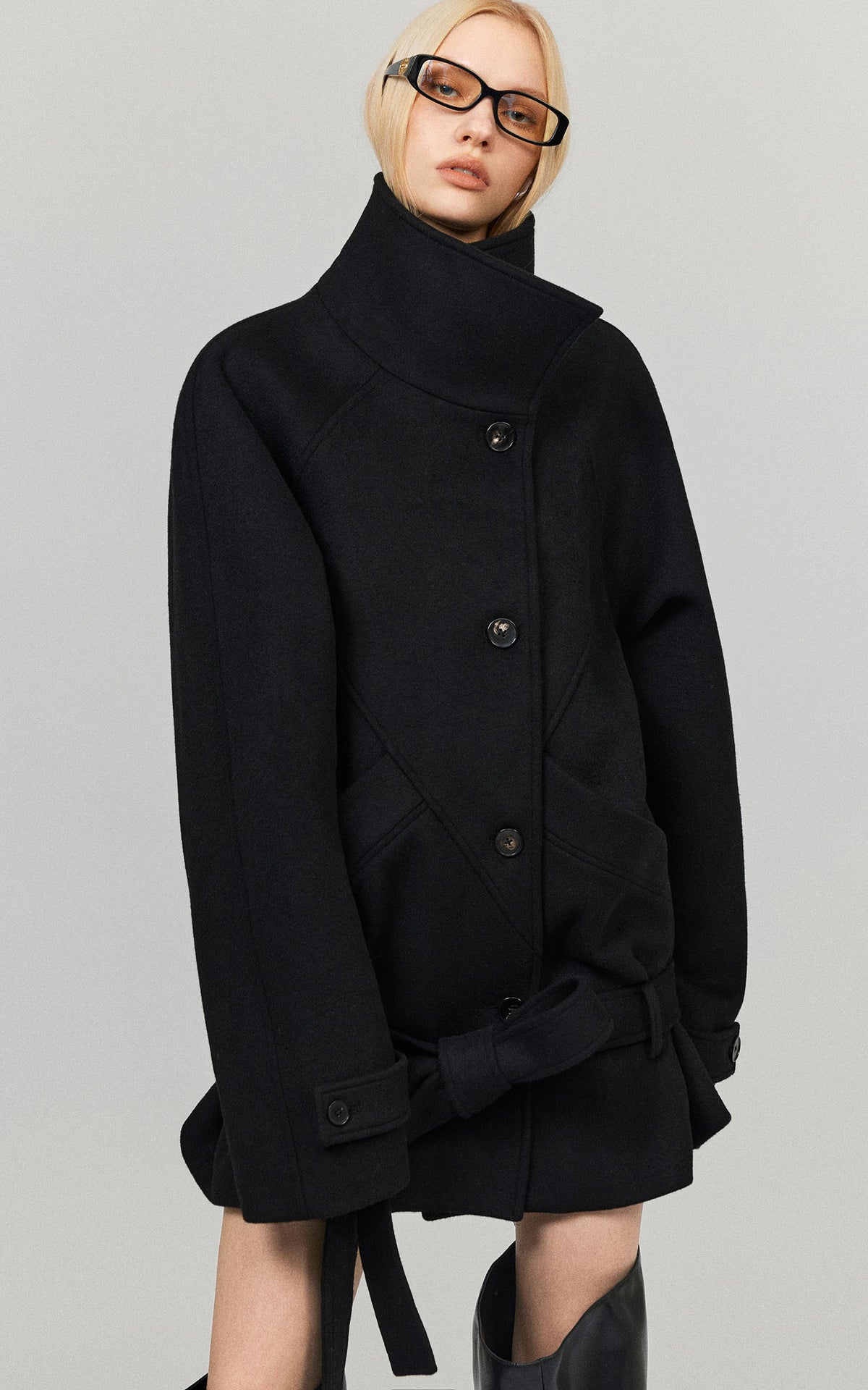 0122stepll Sculpted High Collar Belted Jacket