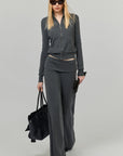 0122stepll High-Neck Zip Knit Cardigan & Foldover Wide-Leg Pants Set