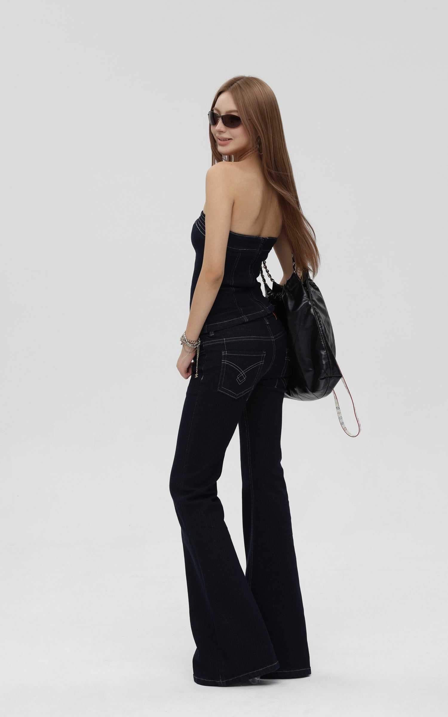 IAMXIAA Strapless Denim Top and Flared Pants Two-Piece Set
