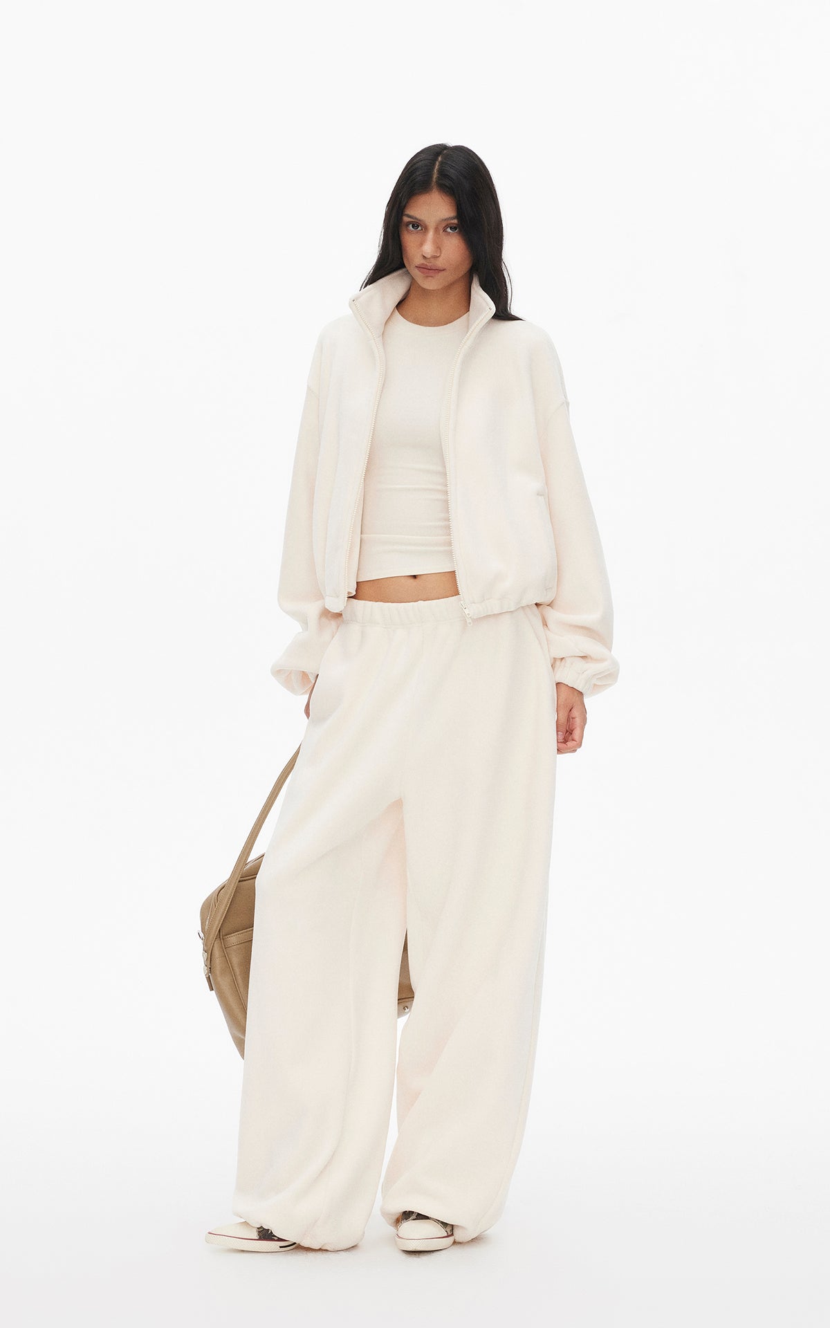 0122stepll Ensemble trois pièces : veste zippée en polaire, t-shirt ajusté et pantalon large