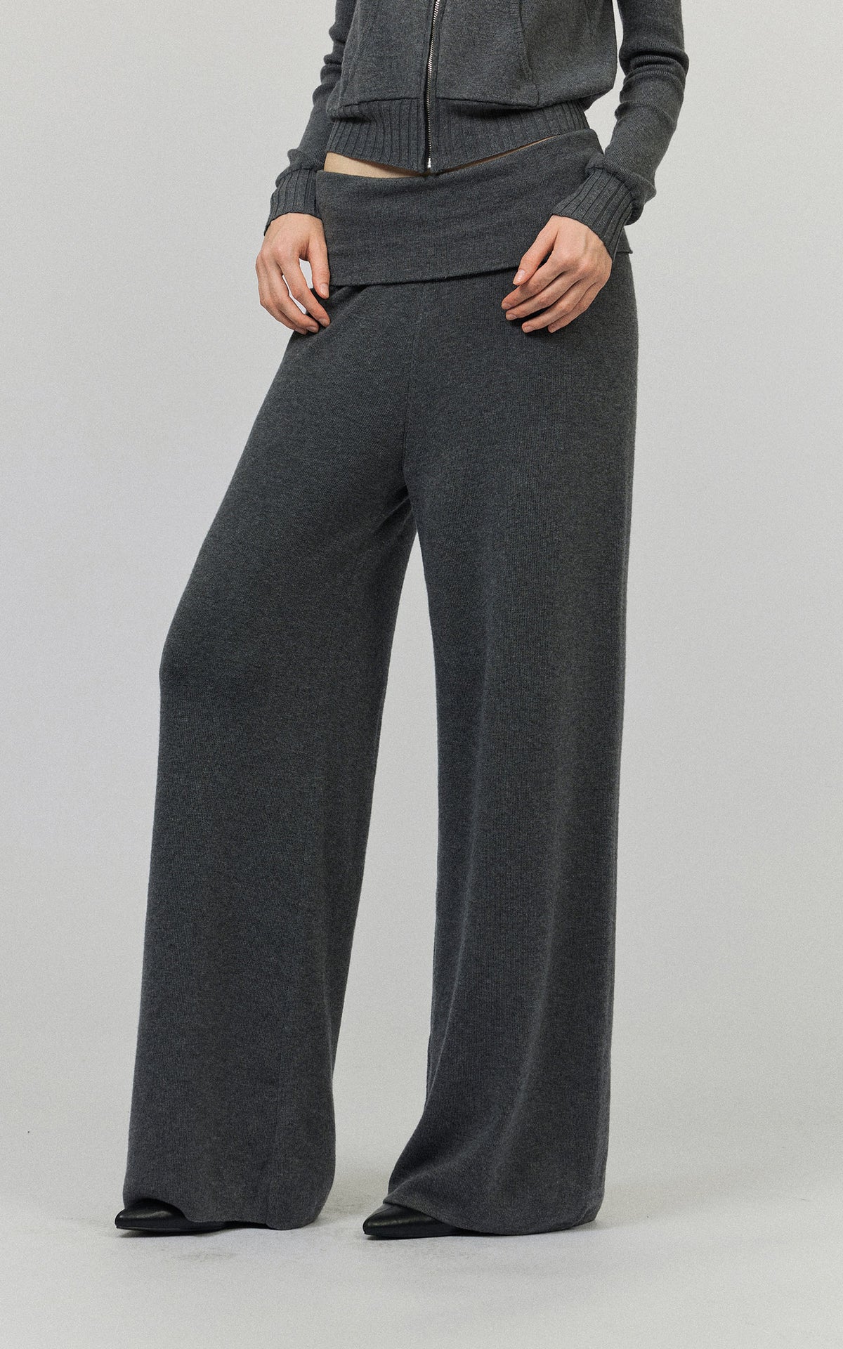 0122stepll High-Neck Zip Knit Cardigan &amp; Foldover Wide-Leg Pants Set