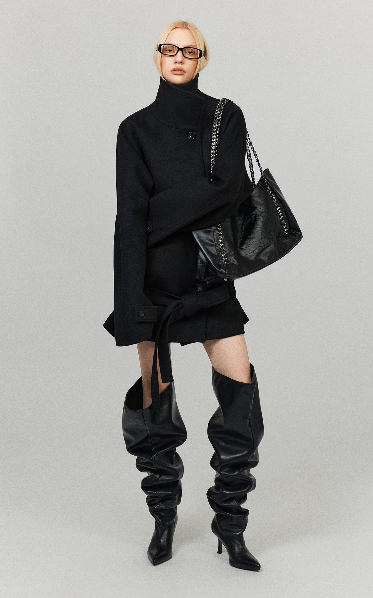0122stepll Sculpted High Collar Belted Jacket