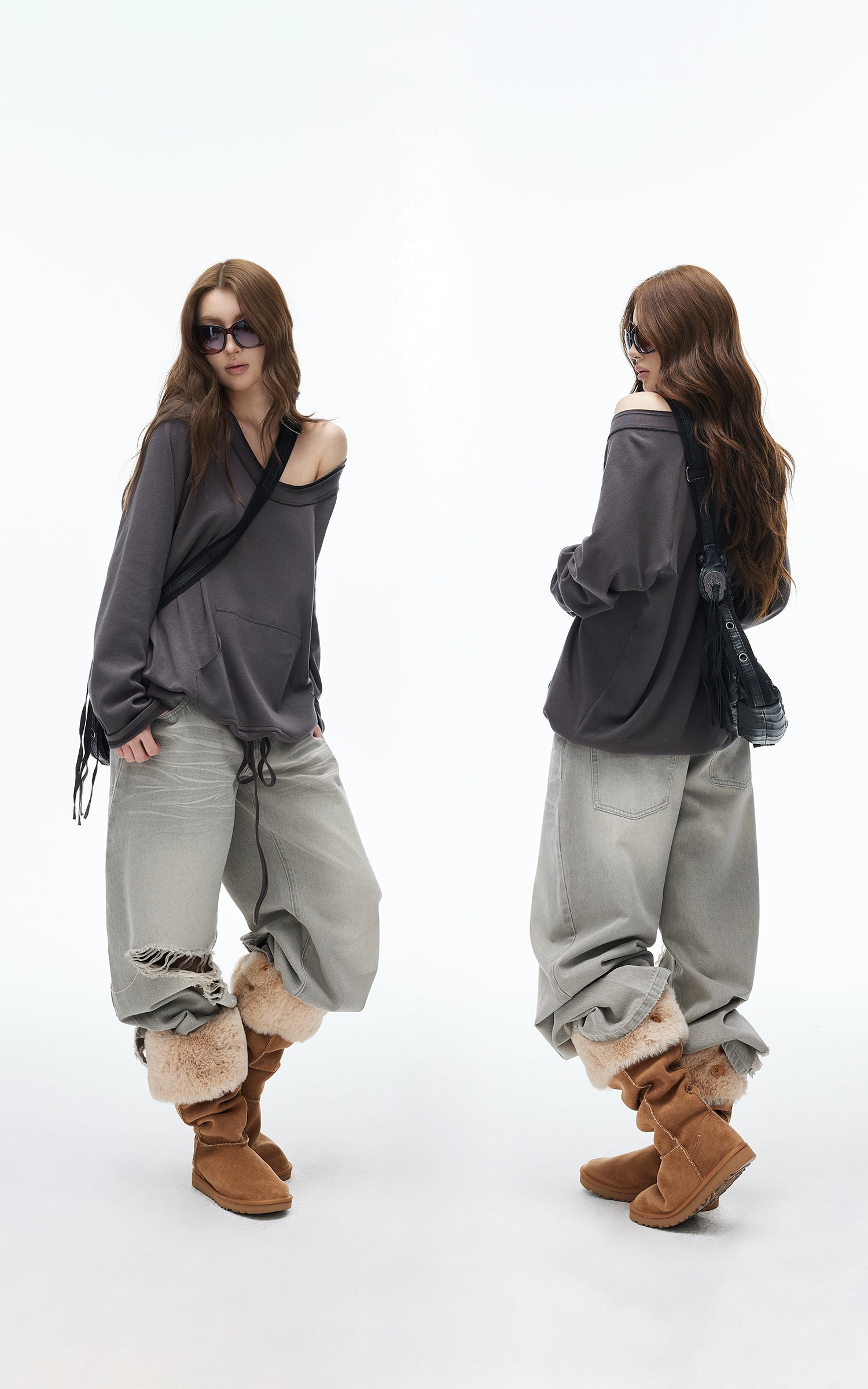 IAMXIAA Sweat-shirt oversize à épaules dénudées et cordon de serrage