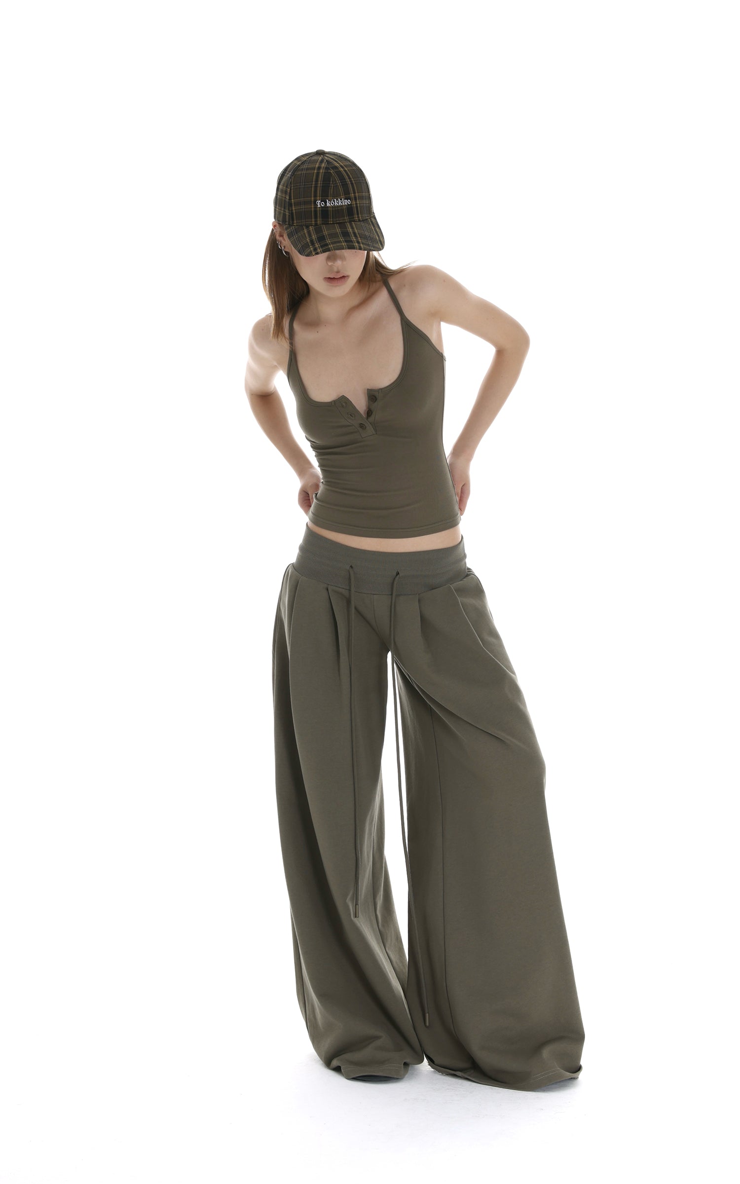 IAMXIAA Ribbed Button Tank and Wide Leg Drawstring Pants Two-Piece Set