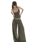 IAMXIAA Ribbed Button Tank and Wide Leg Drawstring Pants Two-Piece Set