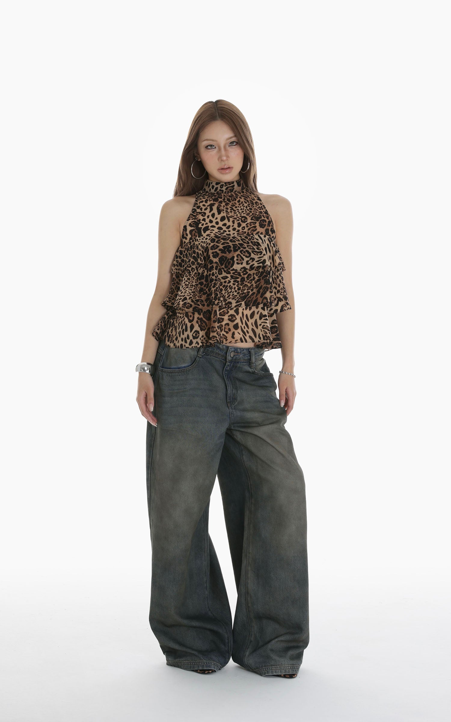 IAMXIAA Leopard Print Ruffle Tank Top Halter Neck Sheer Layered Vest