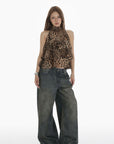 IAMXIAA Leopard Print Ruffle Tank Top Halter Neck Sheer Layered Vest