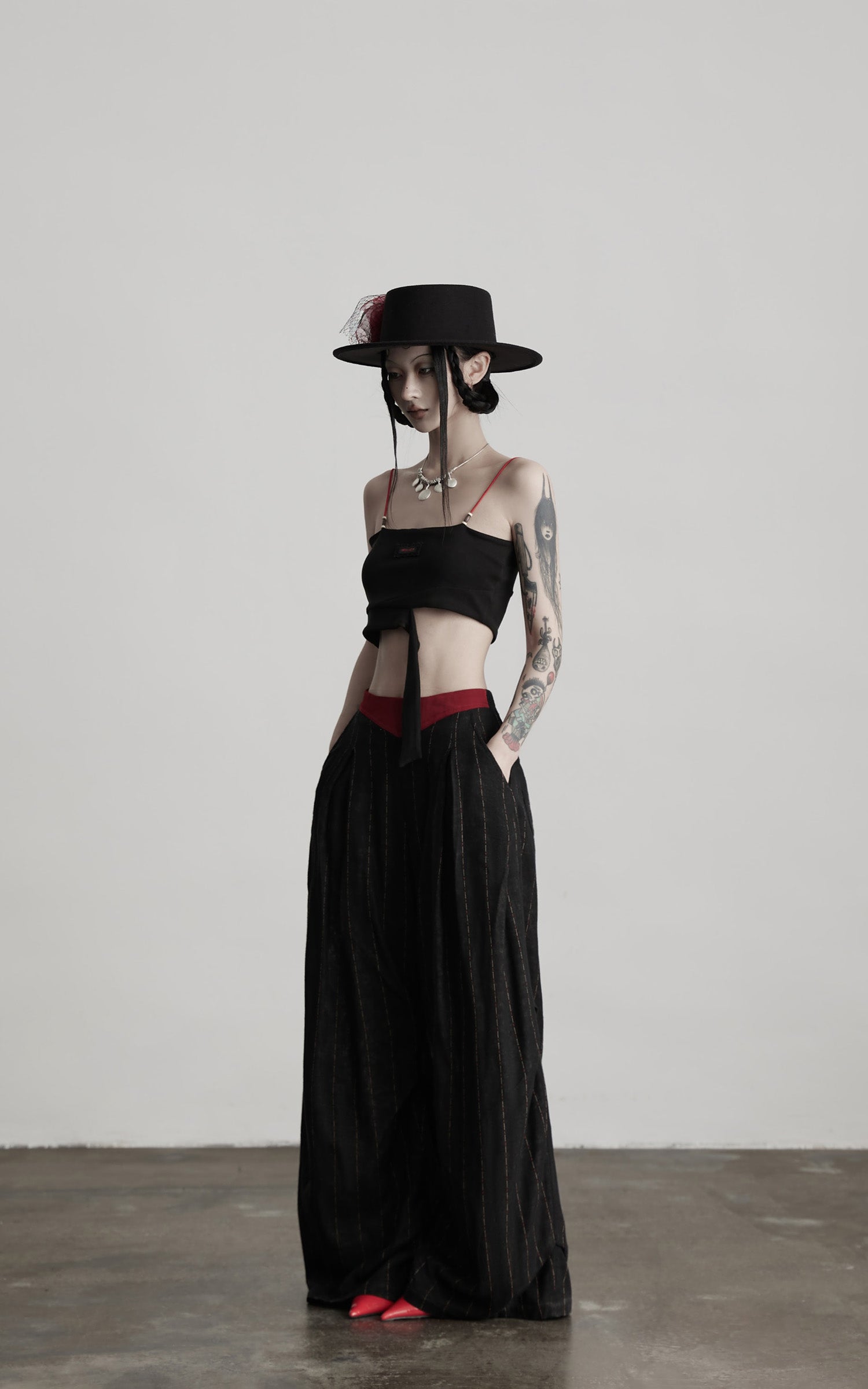 DOINDULGE Structured Ribbon Cami Top with Red Beaded Straps