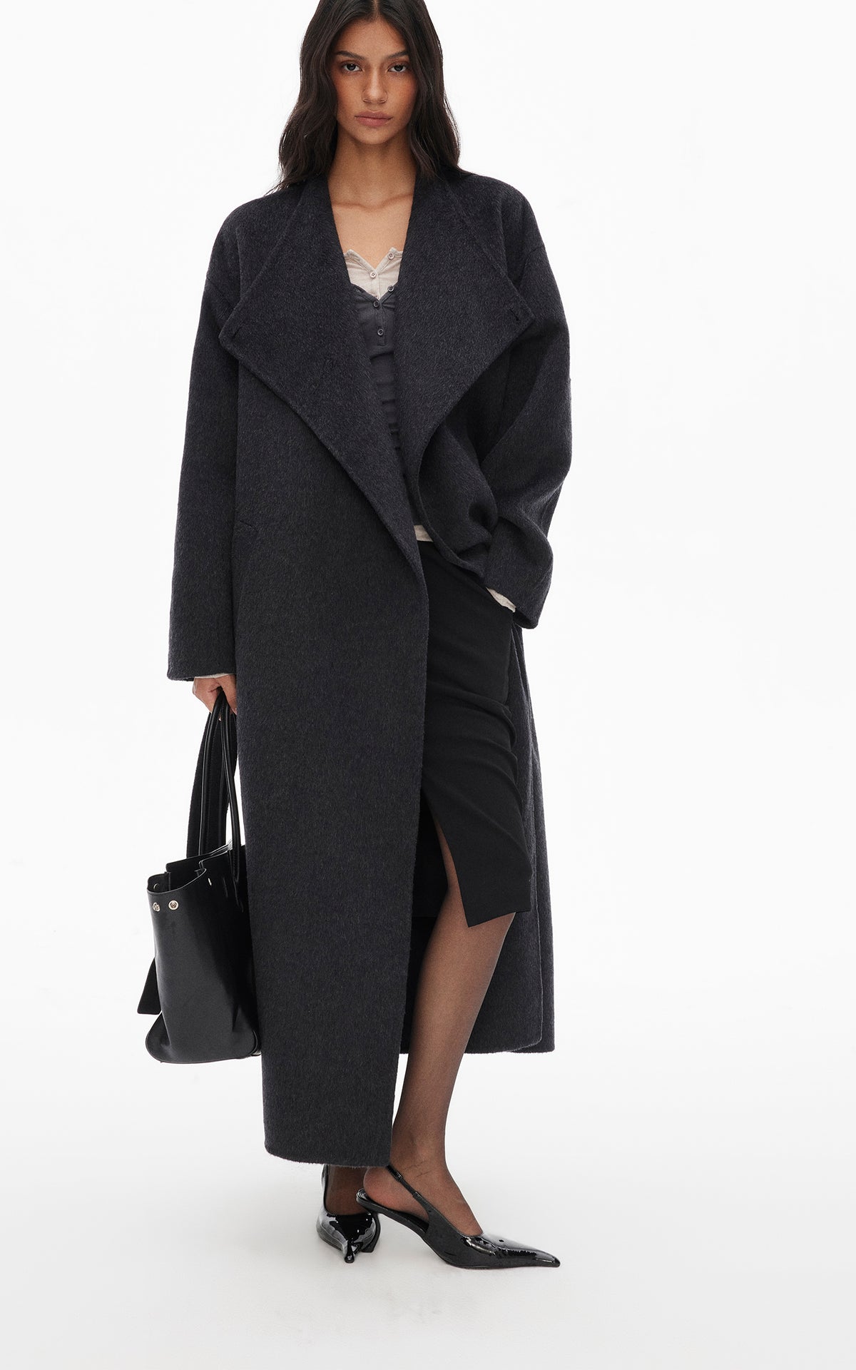 0122stepll Manteau long ample ceinturé à nouer