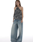 IAMXIAA Distressed Baggy Denim Jeans Low Waist Wide Leg Street Style Vintage Wash