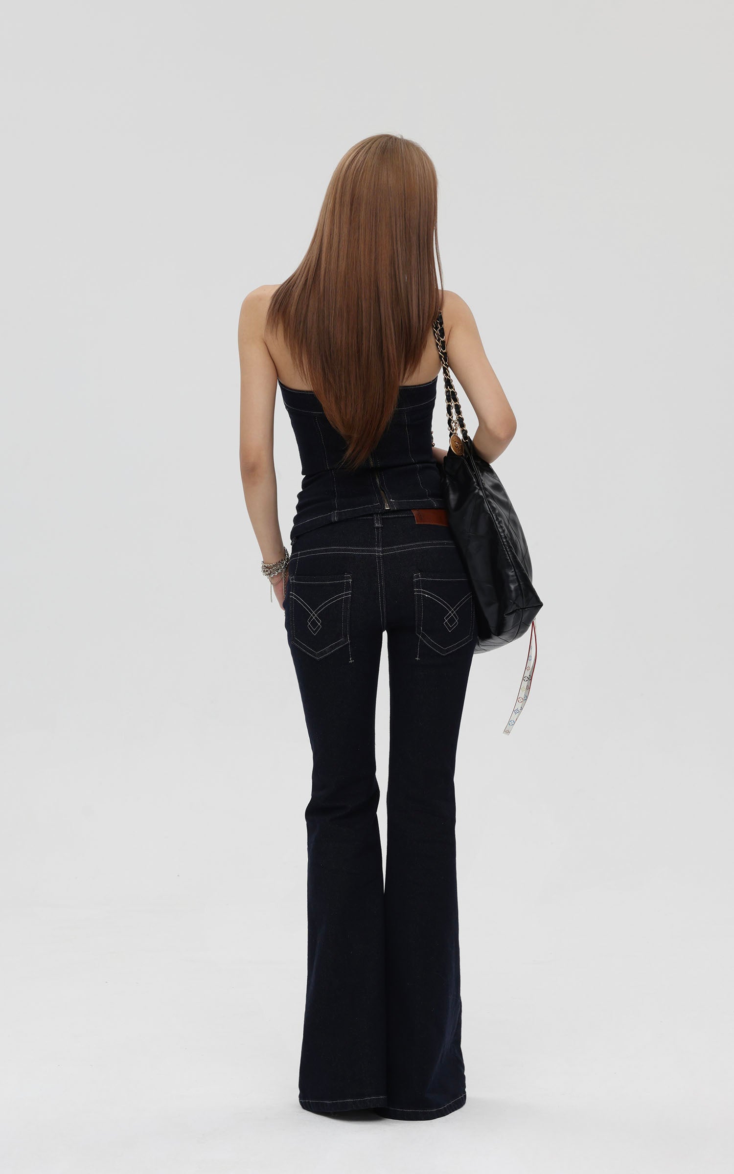 IAMXIAA Strapless Denim Top and Flared Pants Two-Piece Set