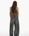 IAMXIAA Leopard Print Ruffle Tank Top Halter Neck Sheer Layered Vest