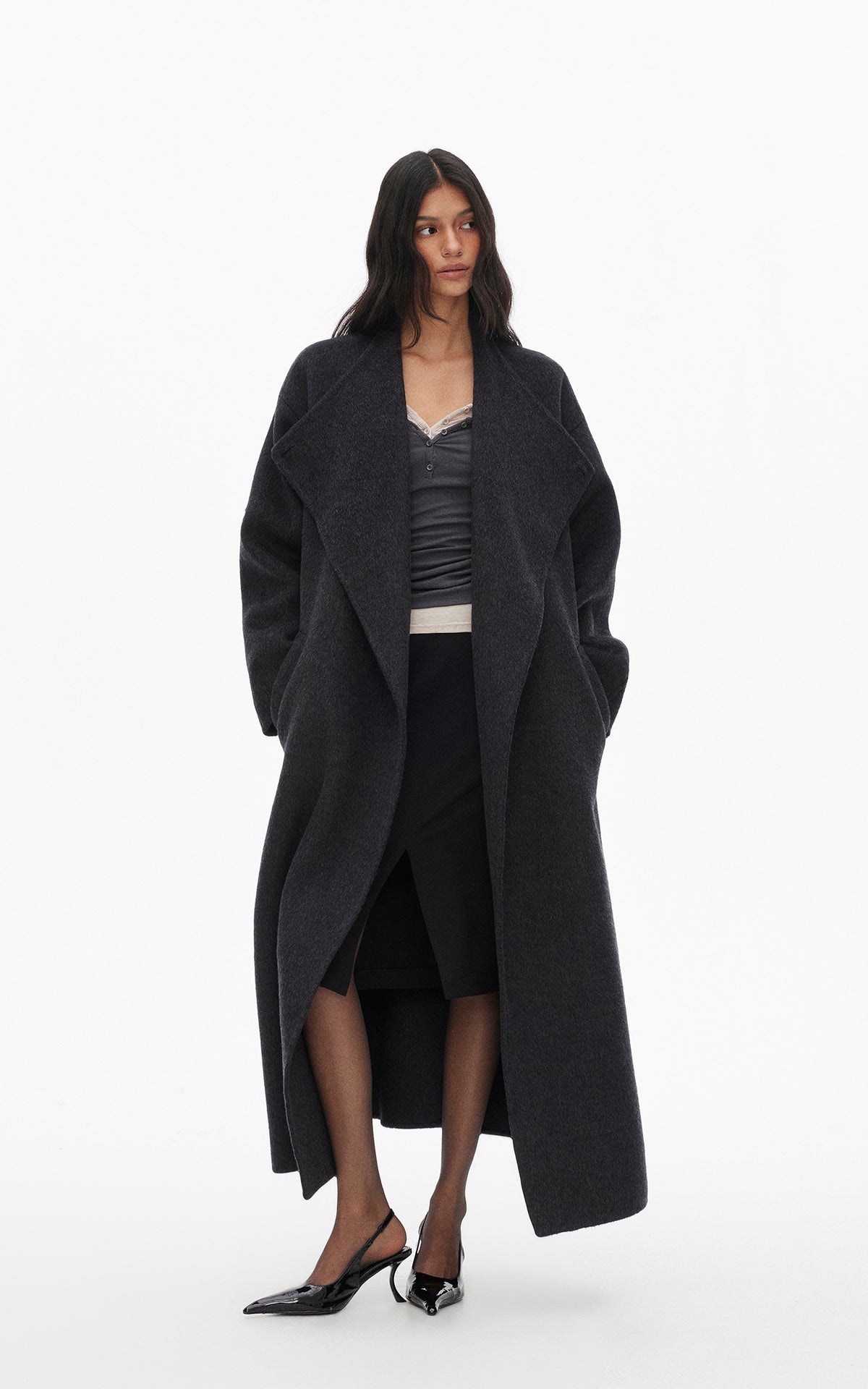 0122stepll Manteau long ample ceinturé à nouer