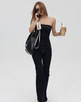 IAMXIAA Strapless Denim Top and Flared Pants Two-Piece Set