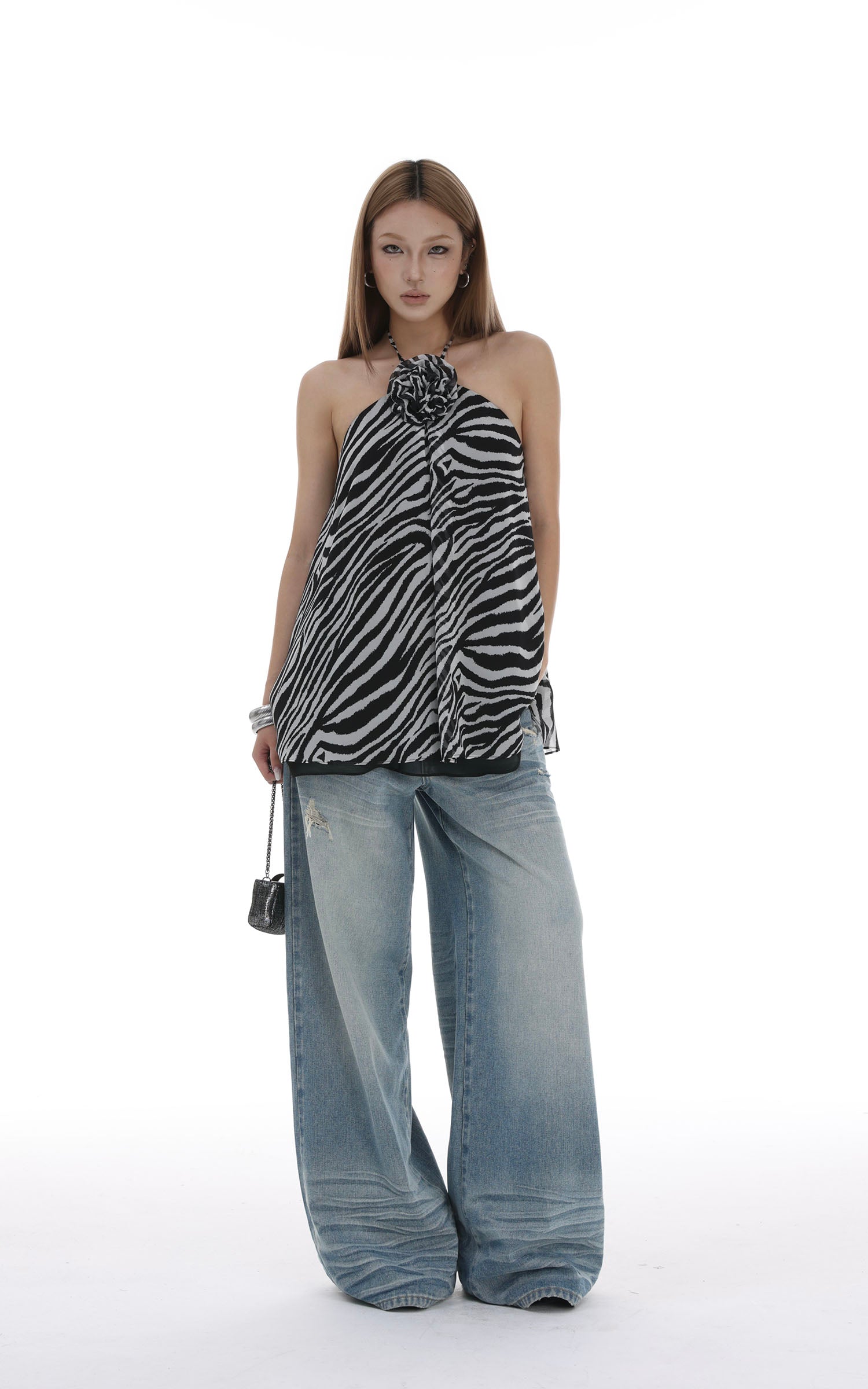 IAMXIAA Distressed Baggy Denim Jeans Low Waist Wide Leg Street Style Vintage Wash
