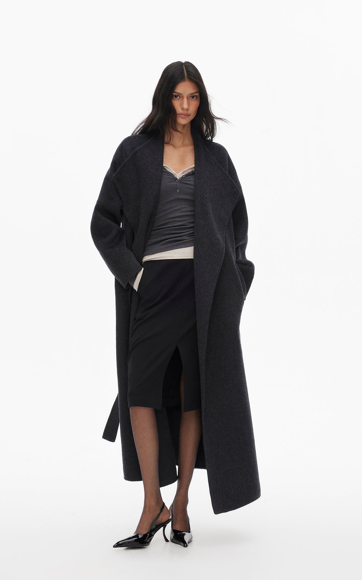 0122stepll Manteau long ample ceinturé à nouer