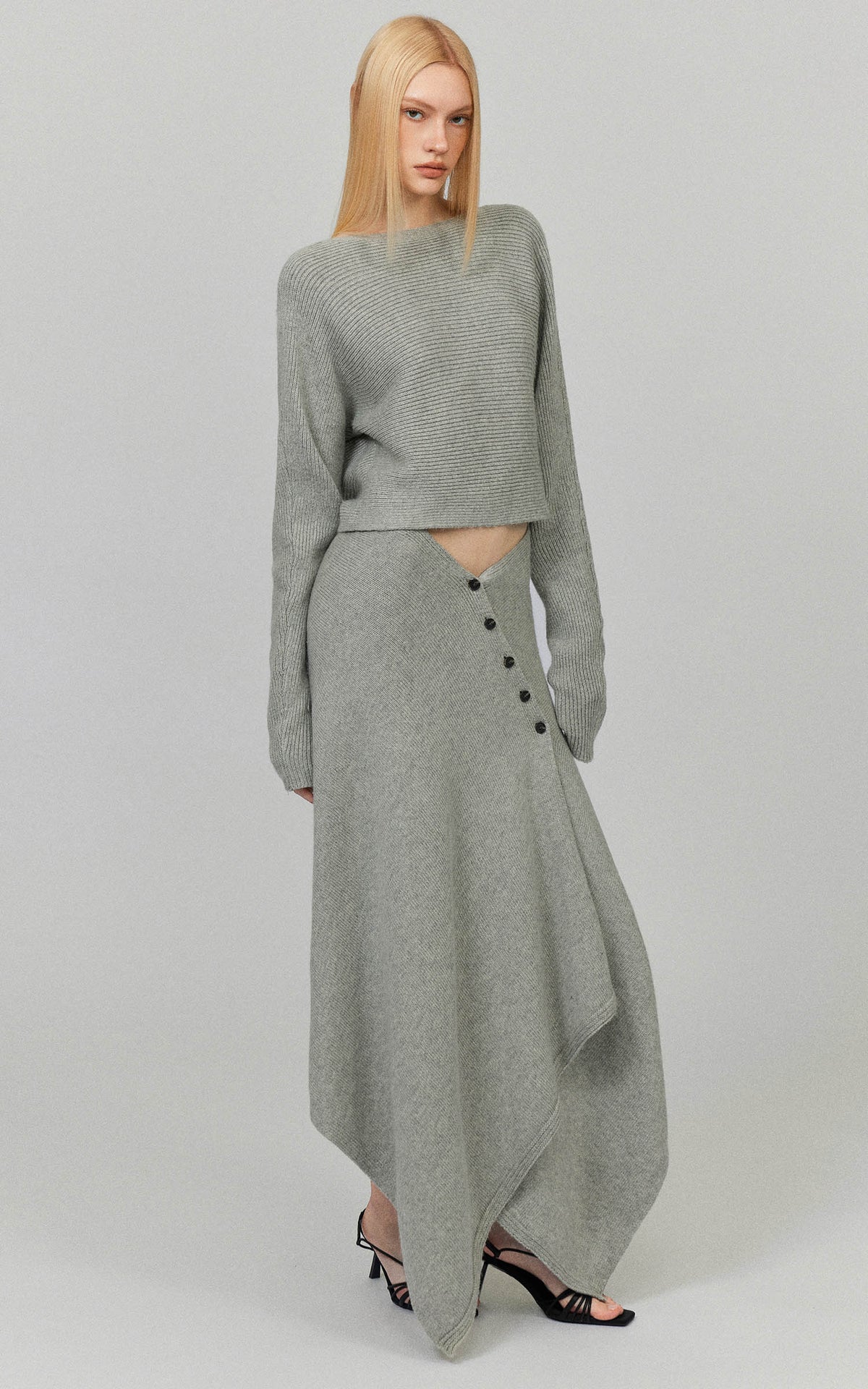 0122stepll Draped Knit Top &amp; Asymmetric Maxi Skirt Set