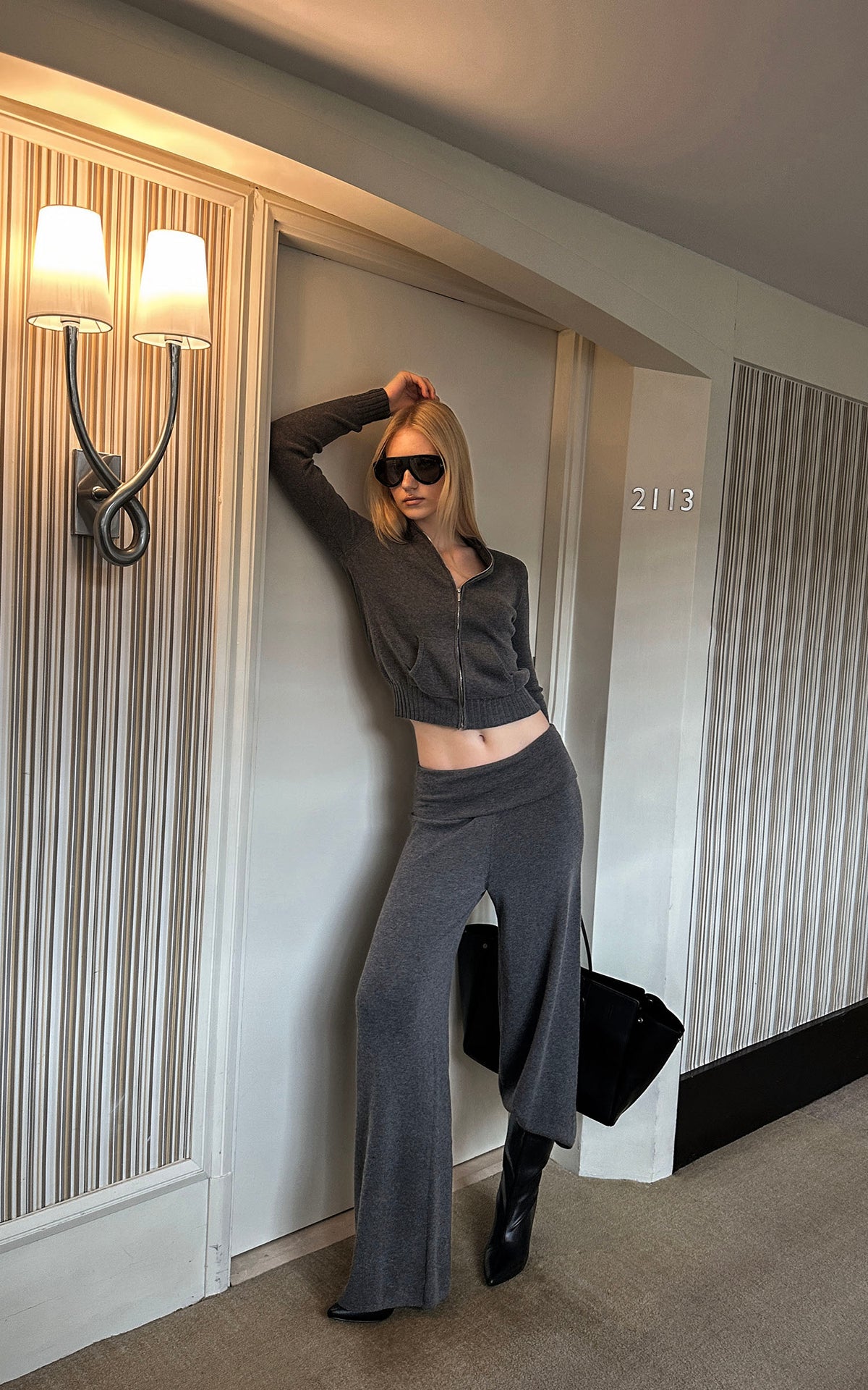 0122stepll High-Neck Zip Knit Cardigan &amp; Foldover Wide-Leg Pants Set