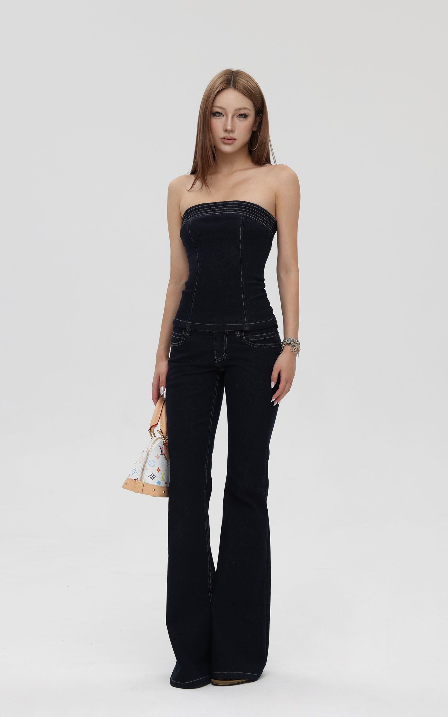 IAMXIAA Strapless Denim Top and Flared Pants Two-Piece Set