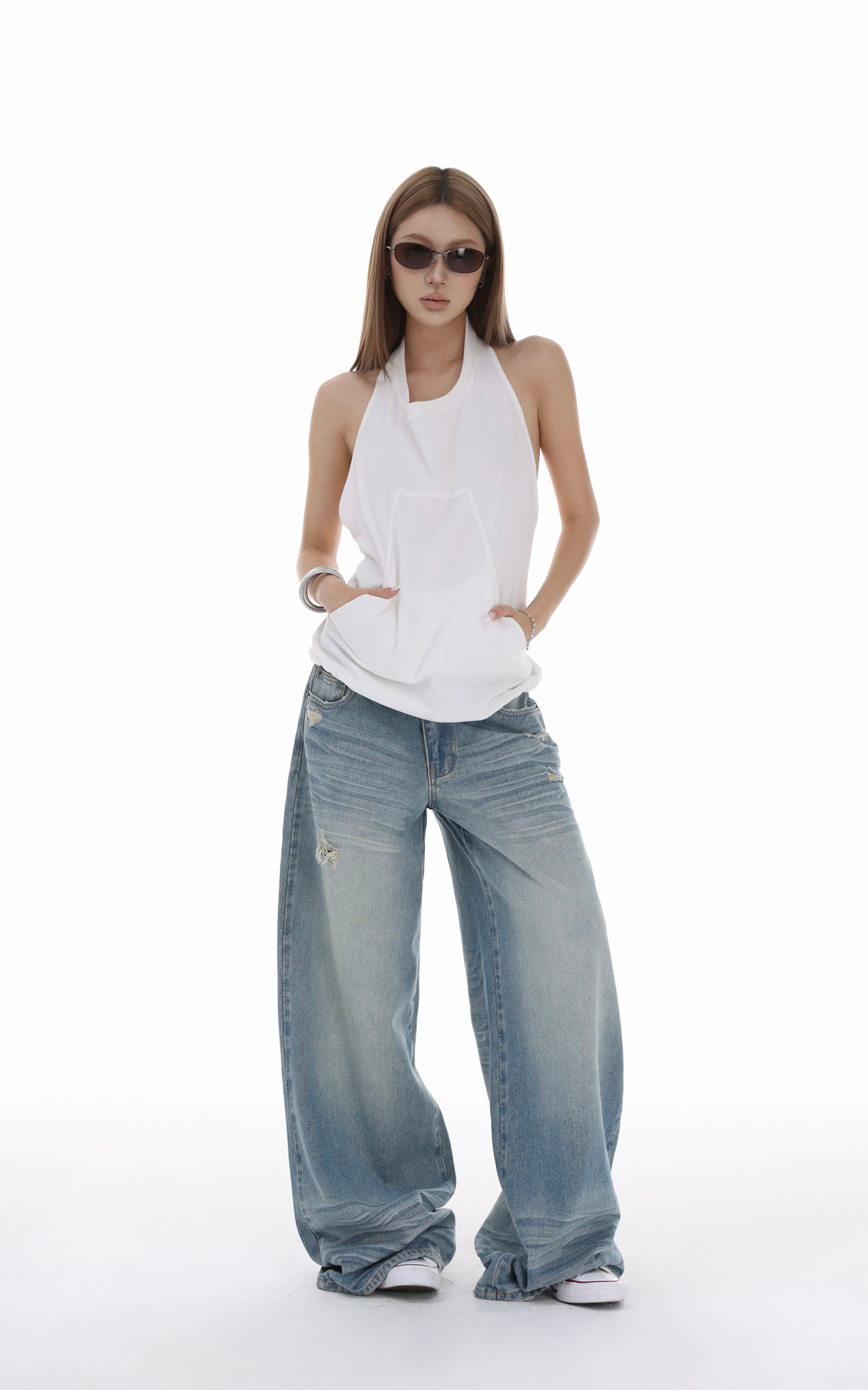 IAMXIAA Distressed Baggy Denim Jeans Low Waist Wide Leg Street Style Vintage Wash