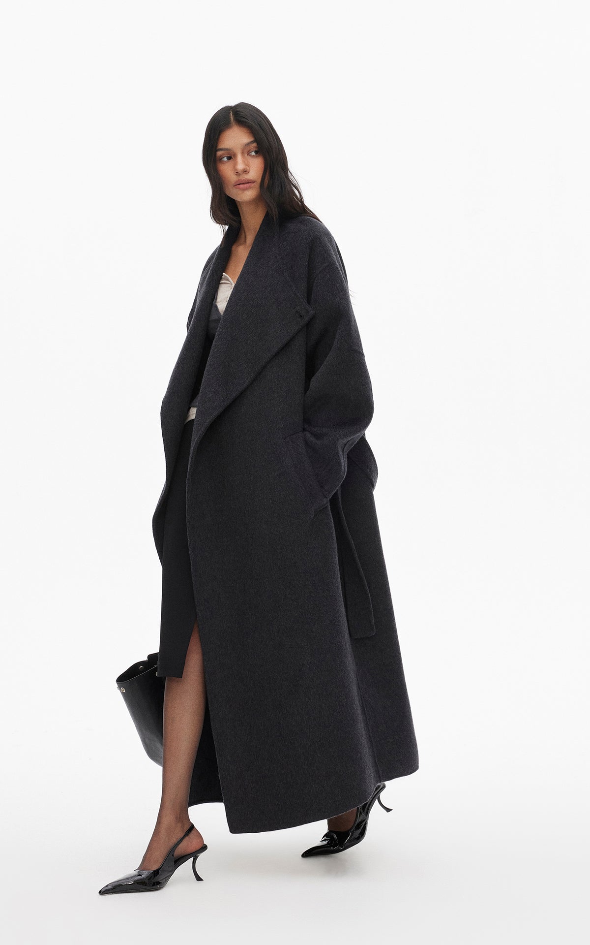 0122stepll Manteau long ample ceinturé à nouer
