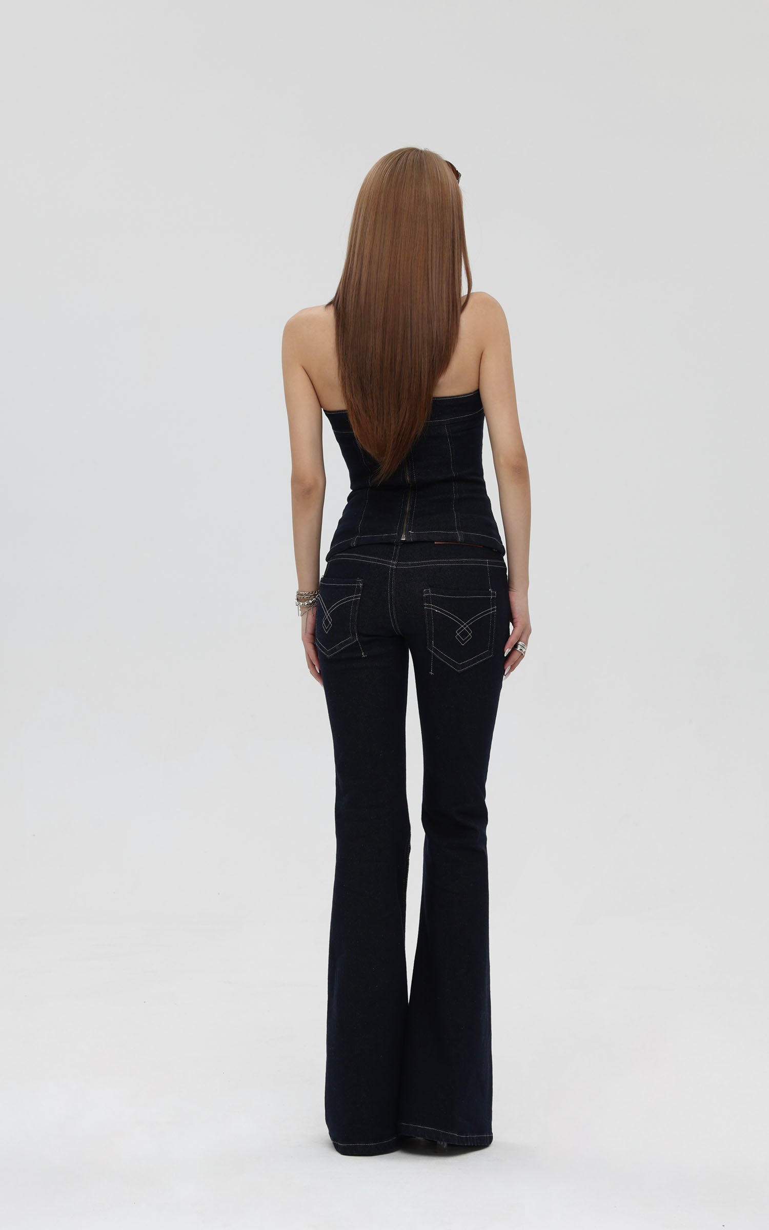 IAMXIAA Strapless Denim Top and Flared Pants Two-Piece Set