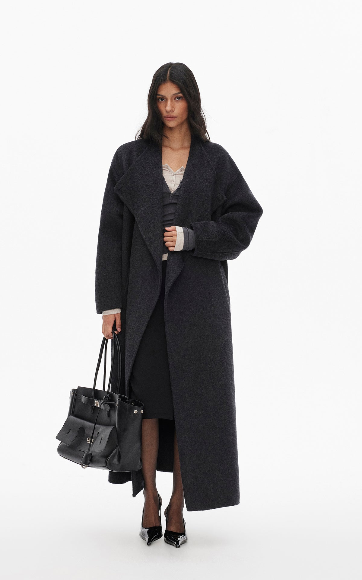 0122stepll Manteau long ample ceinturé à nouer