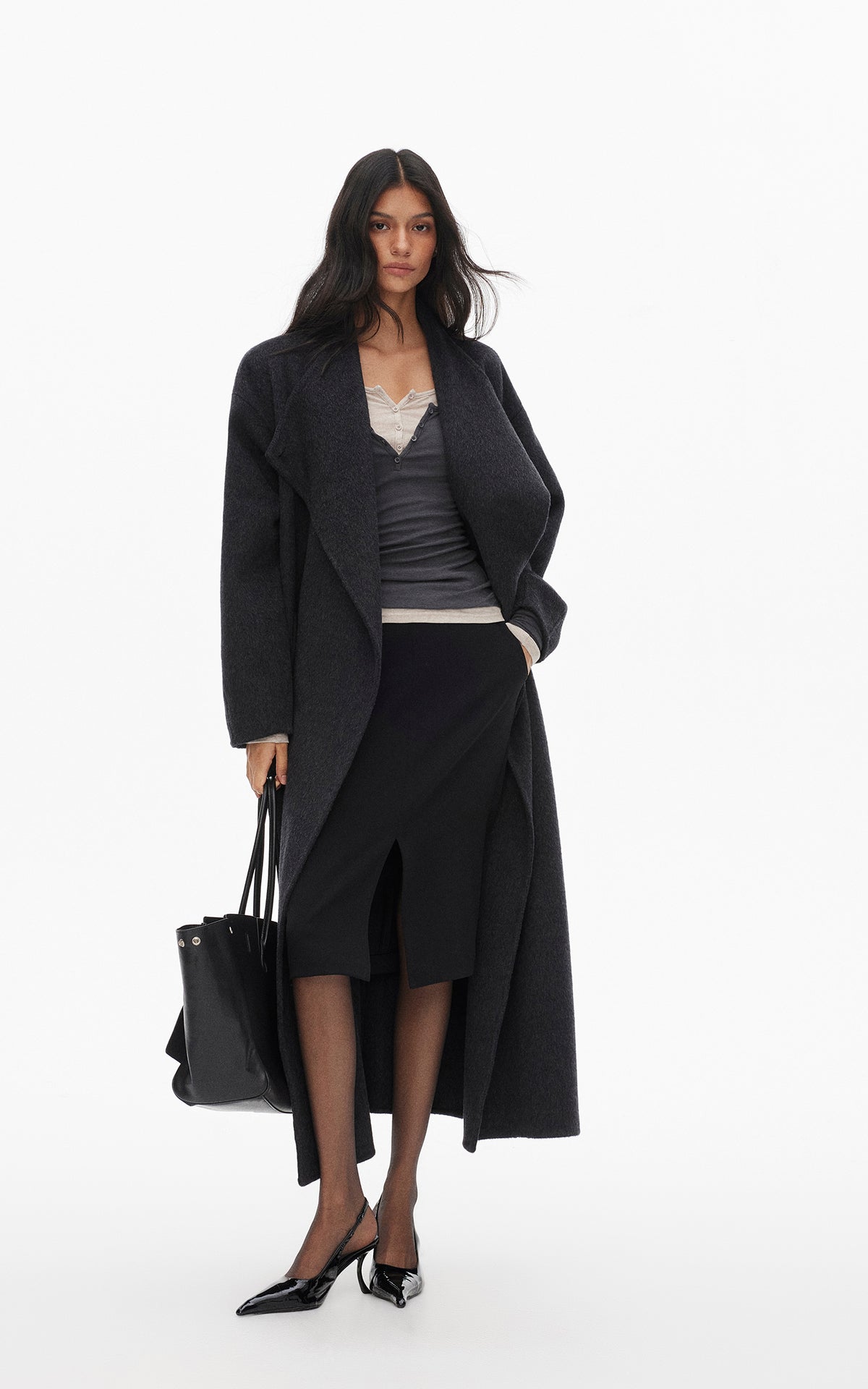 0122stepll Manteau long ample ceinturé à nouer