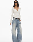 0122stepll Scoop Neck Button-Front Slim-Fit Long Sleeve T-Shirt