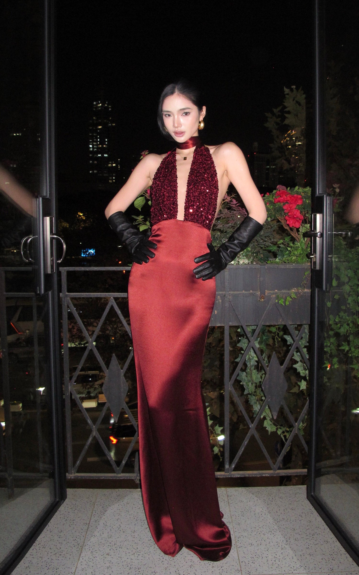 ROVENTE Deep V Halter Sequin Open-Back Maxi Dress