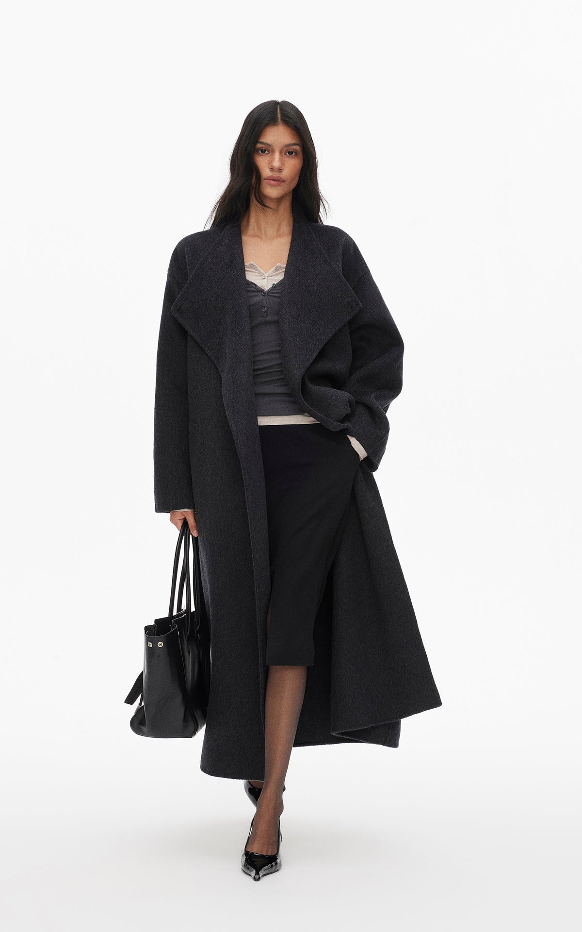 0122stepll Manteau long ample ceinturé à nouer