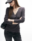 IAMXIAA V-Neck Long Sleeve Top with Button Detail