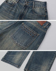 IAMXIAA Vintage Wash Grommet Baggy Jeans