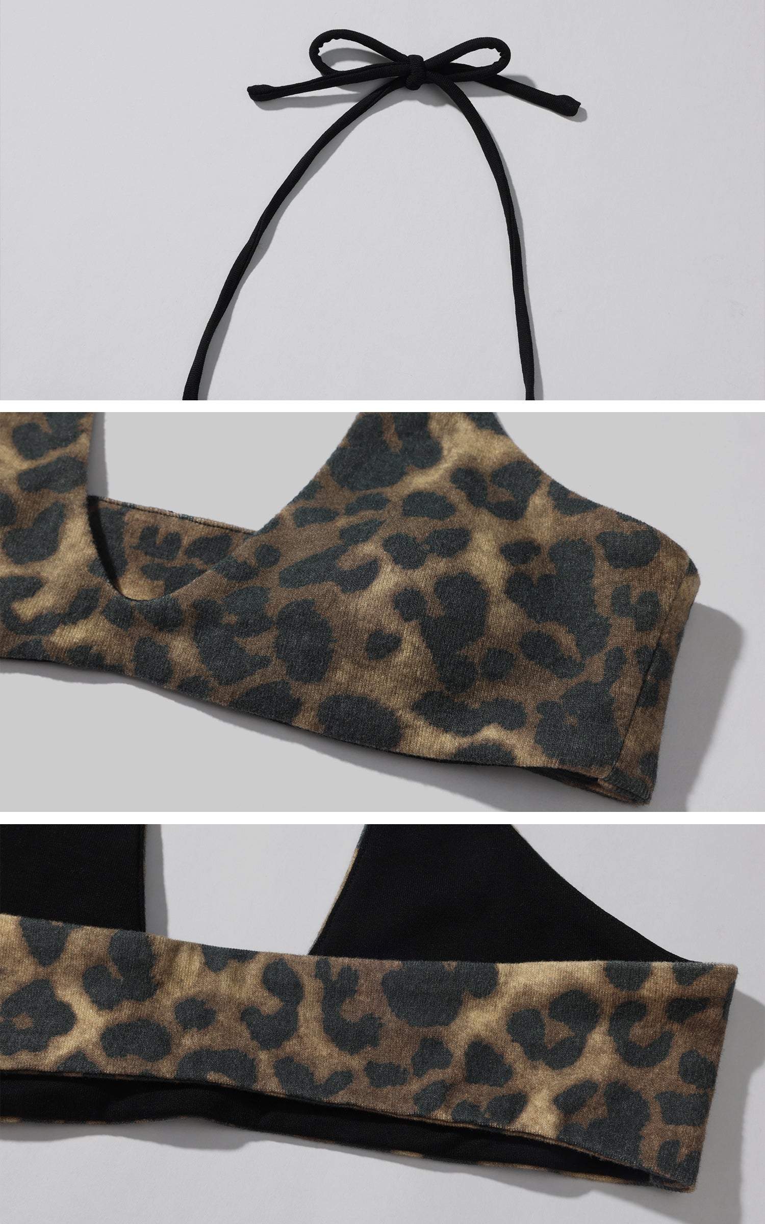 ROVENTE Deep V Black Top with Leopard Bra and Leopard Print Shorts Set