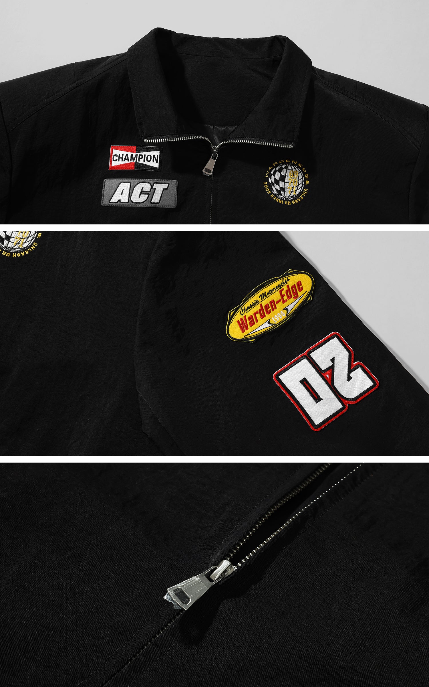 WARDEN EDGE Racing Patch Zip Jacket with Elastic Cuffs and Retro Embroidery