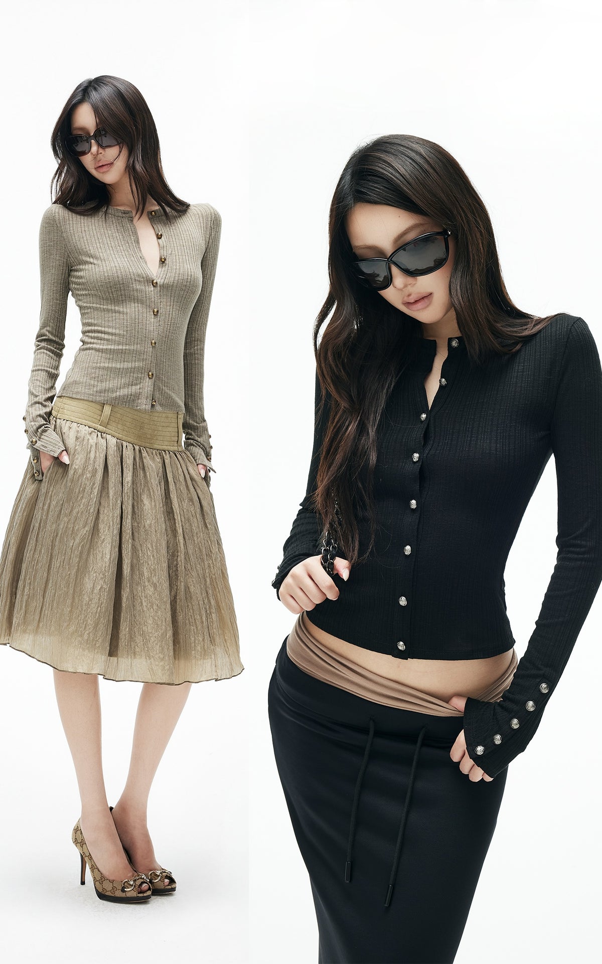 IAMXIAA Sculpted Ribbed Long Sleeve Top with Vintage Metal Button Detailing