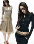 IAMXIAA Sculpted Ribbed Long Sleeve Top with Vintage Metal Button Detailing