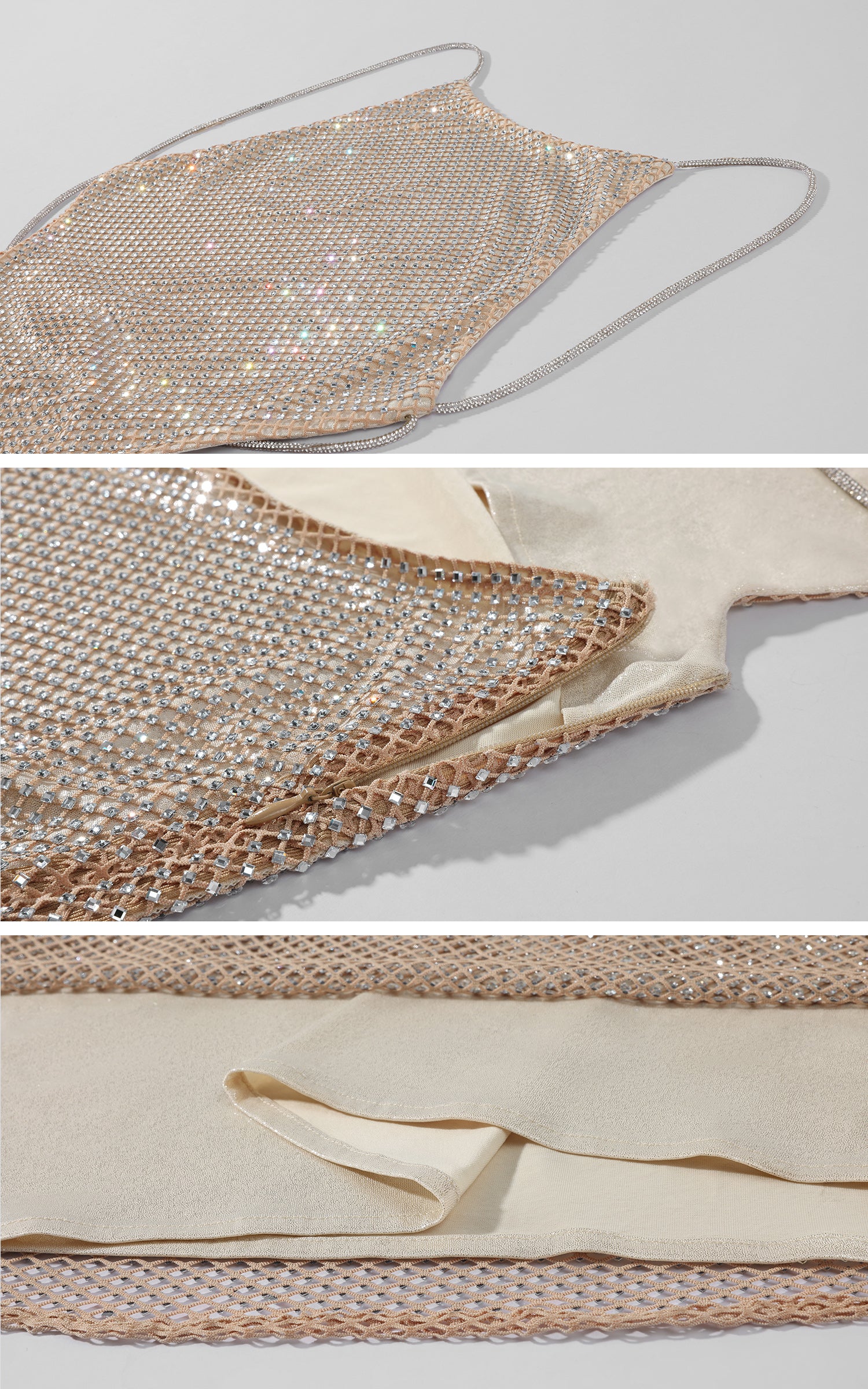 ROVENTE Rhinestone Mesh Halter Maxi Dress