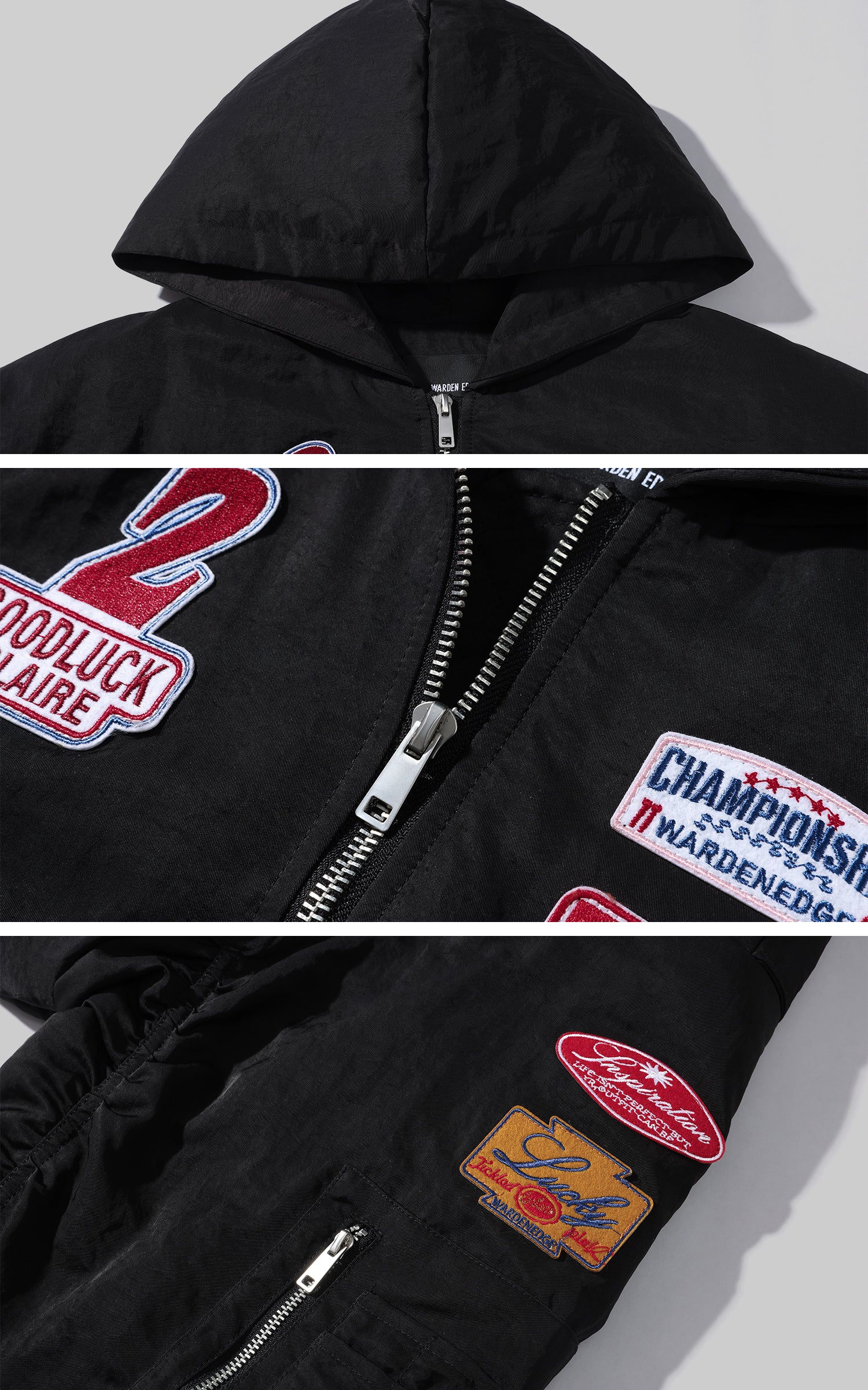 WARDEN EDGE 모토 패치 후드 크롭 봄버 자켓