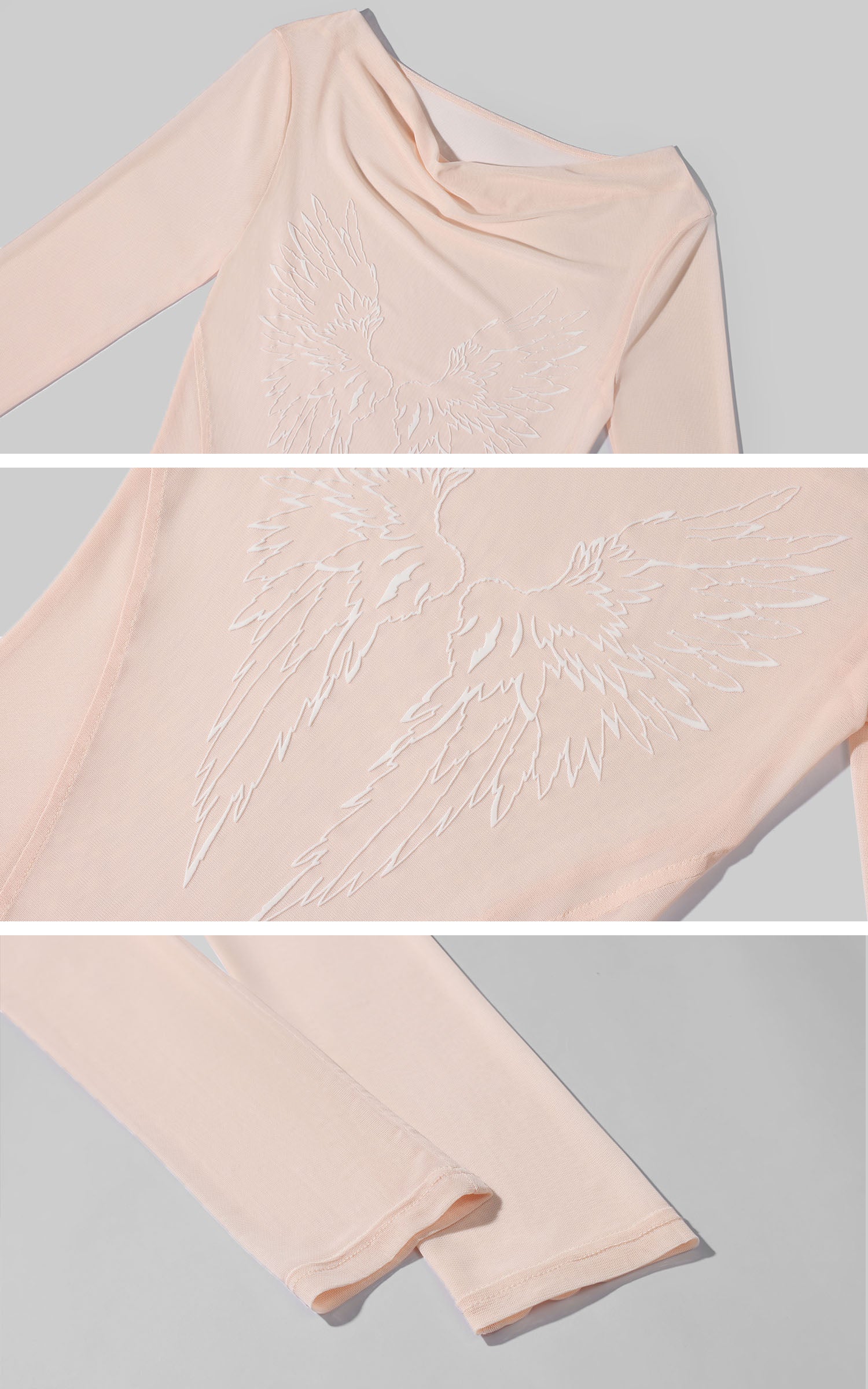 Rase le sol 비대칭 오프숄더 엔젤 윙 프린트 메시 탑