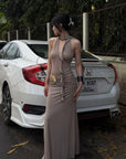 Hydrae Ruched Halter Maxi Dress with Shell Detail