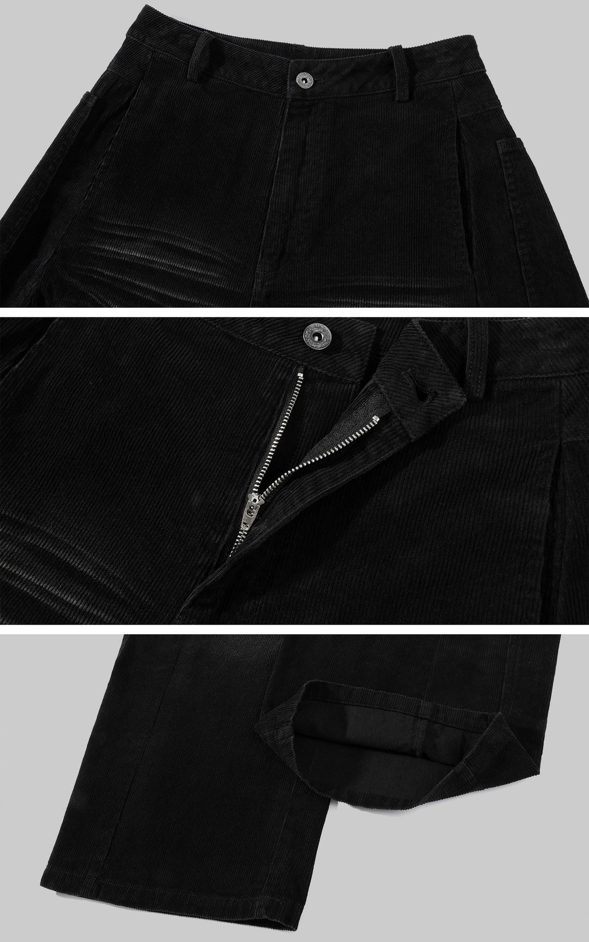WARDEN EDGE Washed Black Corduroy Wide-Leg Pants with Curved Silhouette &amp; Faded Whisker Detail