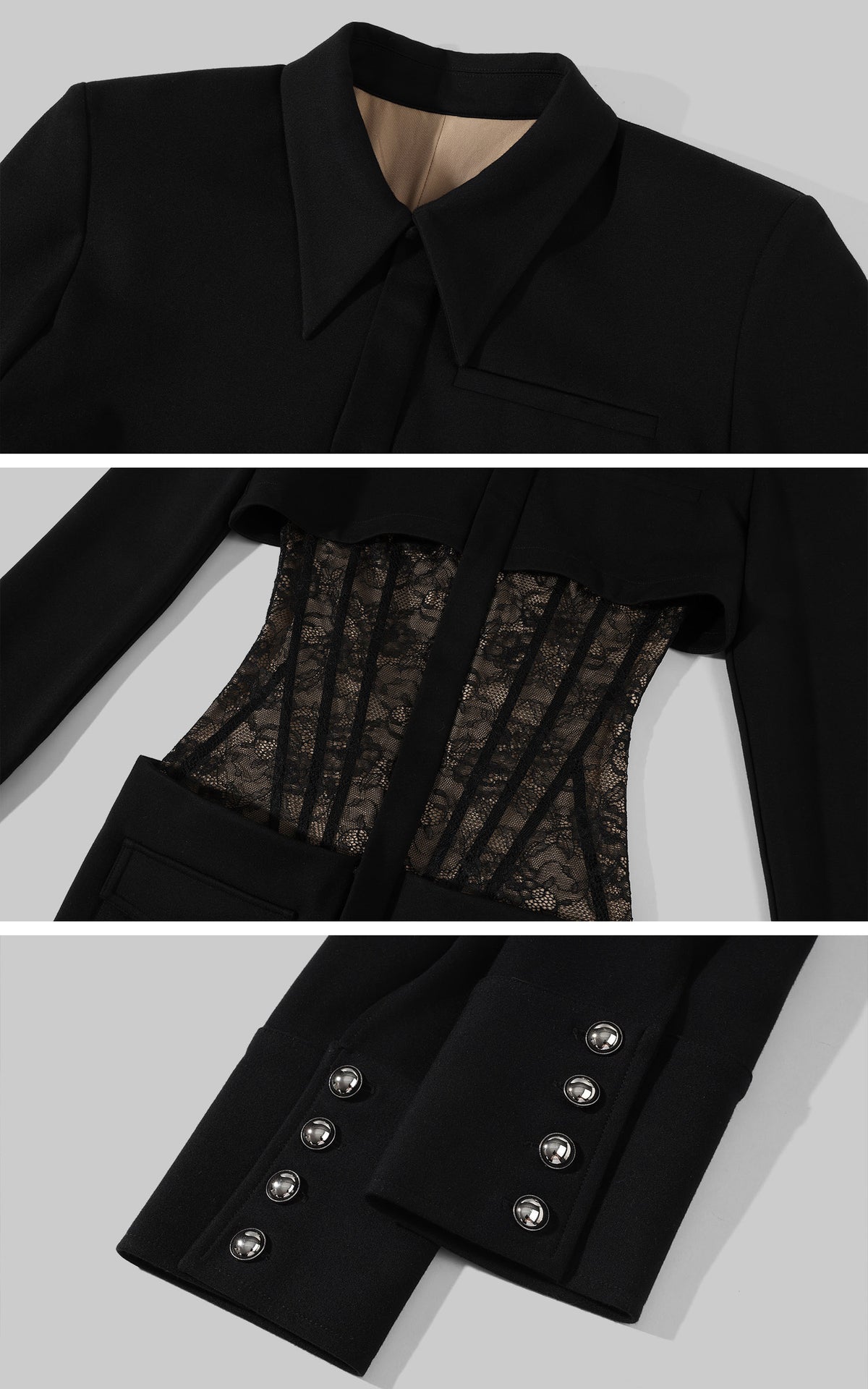 ROVENTE Structured Shoulder Lace Corset Mini Dress with Pointed Collar &amp; Flap Pockets