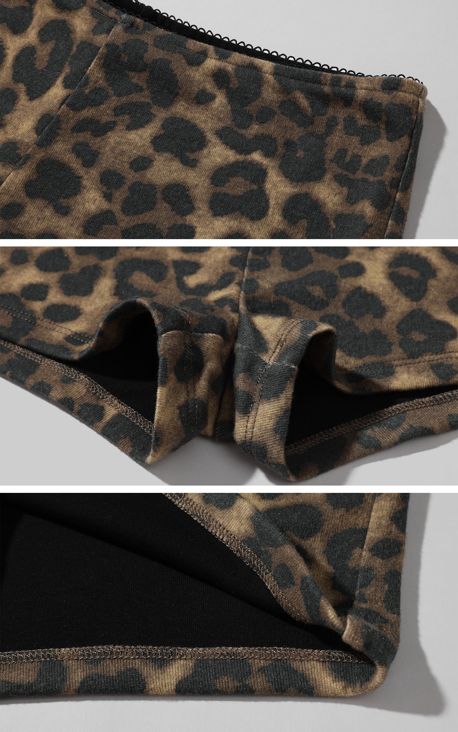 ROVENTE Deep V Black Top with Leopard Bra and Leopard Print Shorts Set