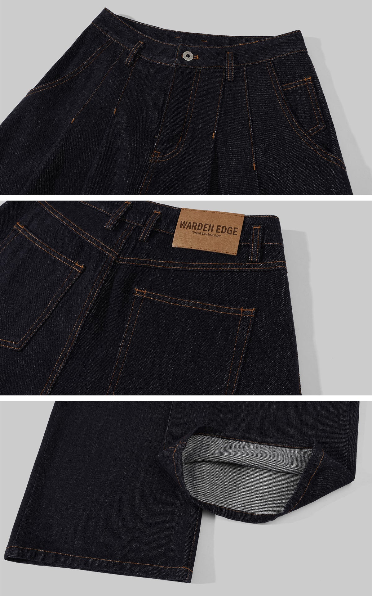 WARDEN EDGE Pleated Wide-Leg Denim Pants with Side Tie