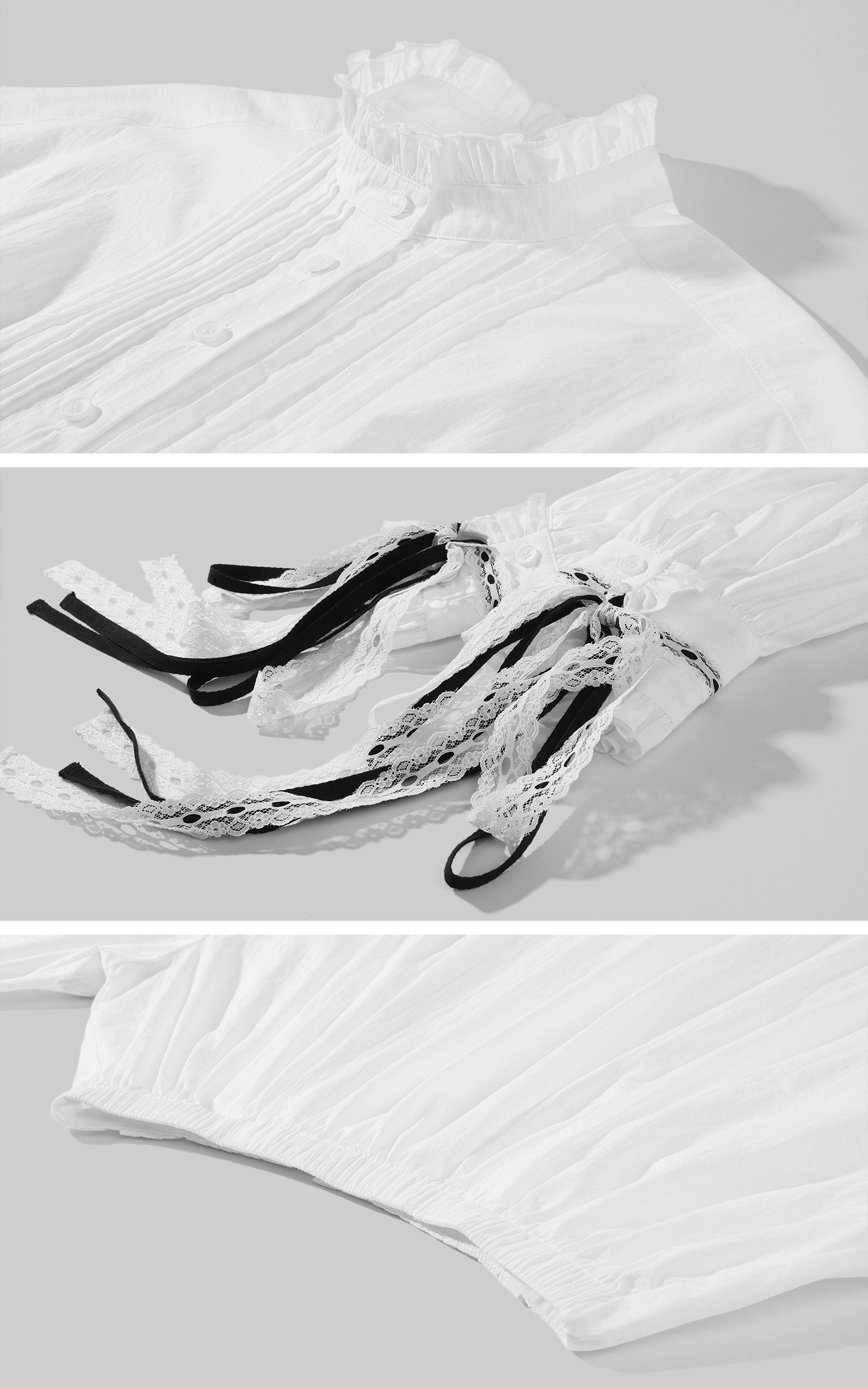 WARDEN EDGE Victorian Ruffle Collar Cropped Blouse with Lace Sleeve Details