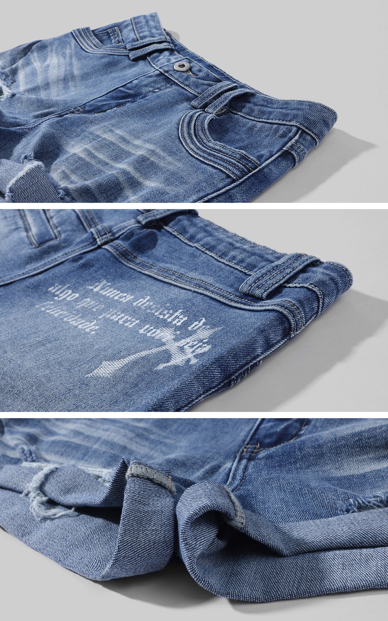 Rase le sol Distressed Denim Mini Shorts with Back Graphic Print and Raw Hem Detail